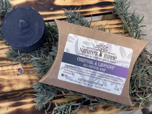Charcoal and Lavender Soap soothes, detoxifies and nourishes skin as it cleans.