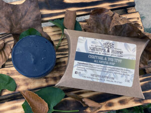 Charcoal and Tea Tree Soap soothes, detoxifies and nourishes skin.