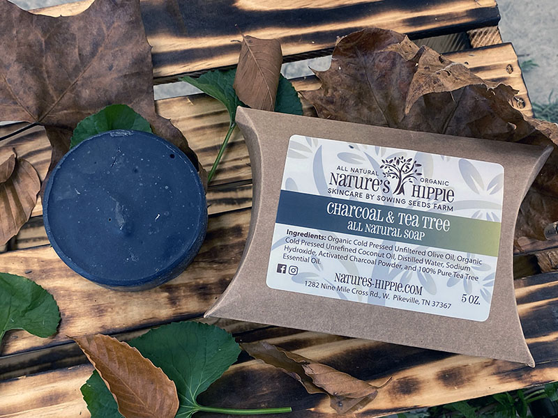 Charcoal and Tea Tree Soap soothes, detoxifies and nourishes skin.